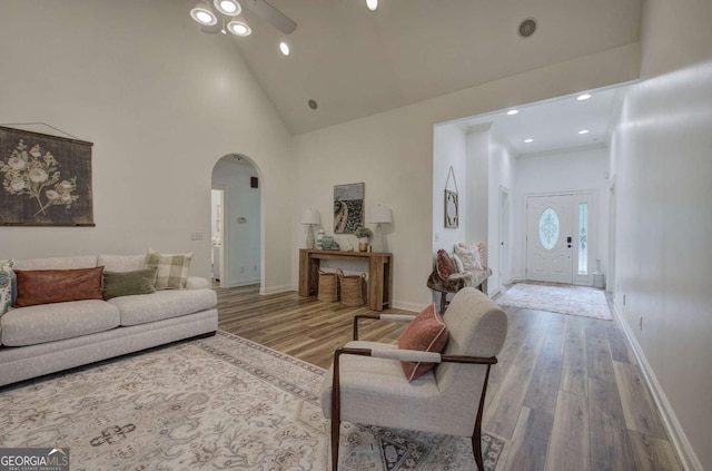 1488 Pleasant Hill Rd NE, Ranger, GA 30734 - living room featuring arched walkways, wood finished floors, recessed lighting, ceiling fan, and baseboards