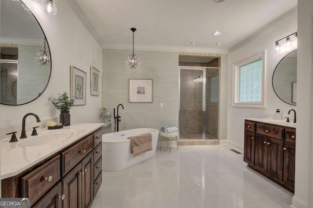 1488 Pleasant Hill Rd NE, Ranger, GA 30734 - full bathroom featuring a shower stall, two vanities, a soaking tub, crown molding, and tile patterned floors