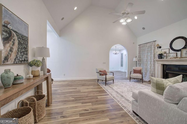 1488 Pleasant Hill Rd NE, Ranger, GA 30734 - living area with high vaulted ceiling, ceiling fan, wood finished floors, a chandelier, and a fireplace