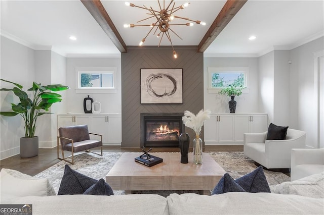 2602 Drew Valley Rd NE, Brookhaven, GA 30319 - living area featuring wood finished floors, beamed ceiling, a chandelier, a fireplace, and recessed lighting