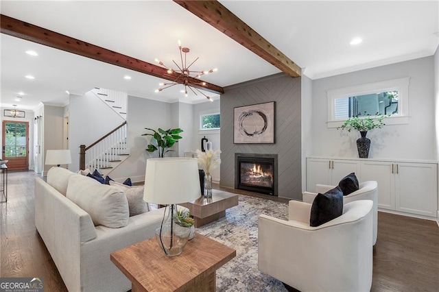 2602 Drew Valley Rd NE, Brookhaven, GA 30319 - living room featuring healthy amount of natural light, a chandelier, stairs, beam ceiling, and recessed lighting