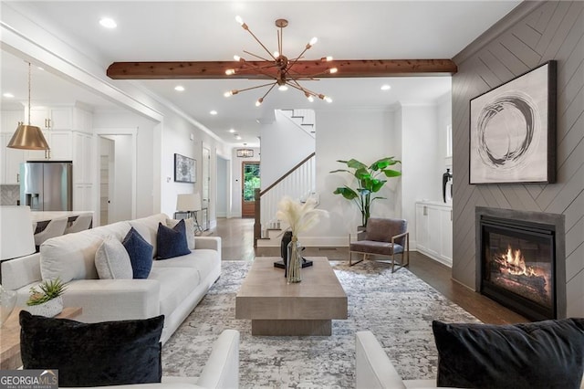 2602 Drew Valley Rd NE, Brookhaven, GA 30319 - living room featuring wood finished floors, a chandelier, beamed ceiling, stairway, and recessed lighting