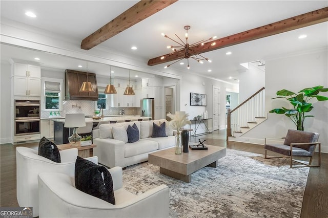 2602 Drew Valley Rd NE, Brookhaven, GA 30319 - living room featuring wood finished floors, beam ceiling, recessed lighting, stairway, and a chandelier