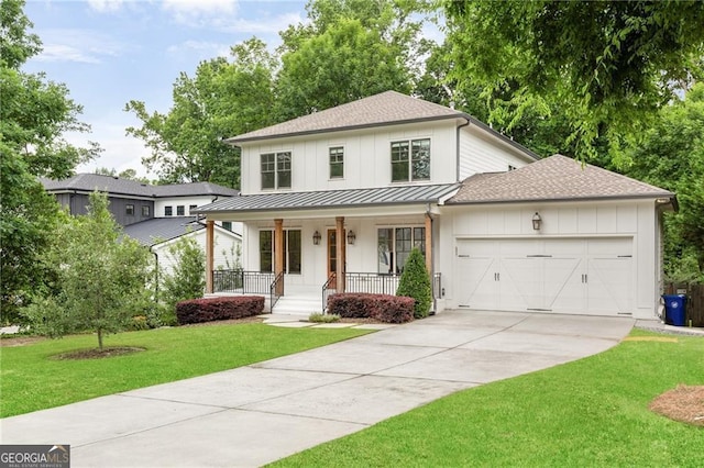 2602 Drew Valley Rd NE, Brookhaven, GA 30319 - modern inspired farmhouse featuring a porch, an attached garage, concrete driveway, a standing seam roof, and a front yard