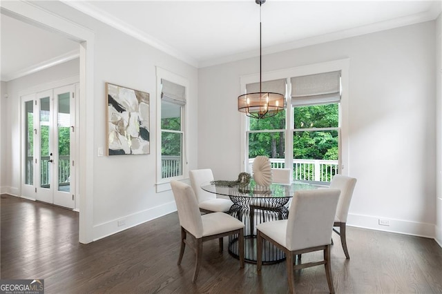 2602 Drew Valley Rd NE, Brookhaven, GA 30319 - dining area with crown molding, plenty of natural light, dark wood-type flooring, and french doors