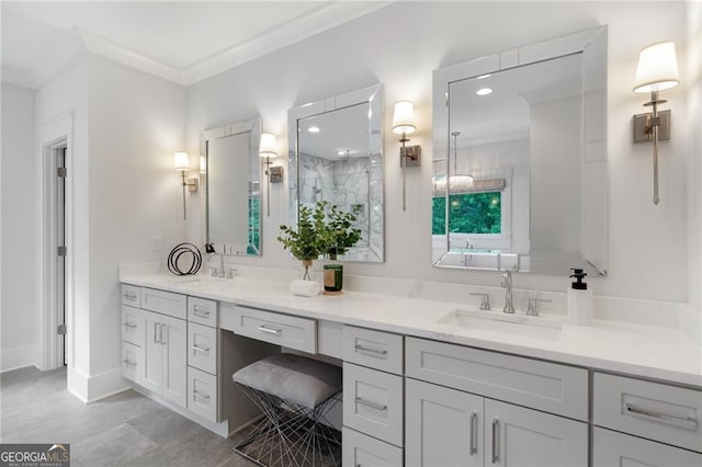 2602 Drew Valley Rd NE, Brookhaven, GA 30319 - bathroom featuring double vanity, crown molding, a shower, and recessed lighting