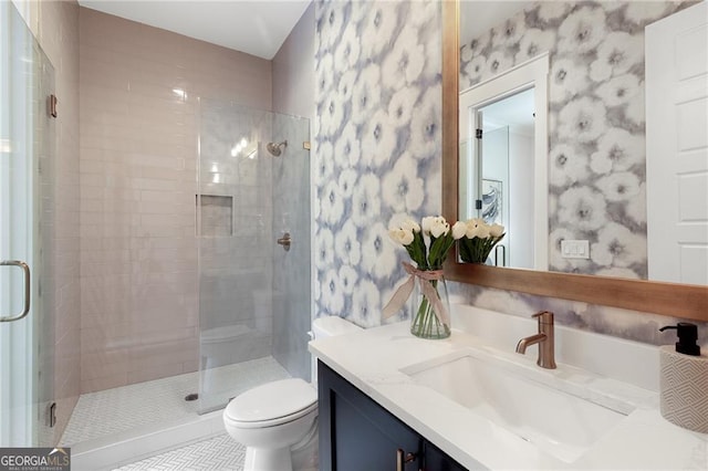 2602 Drew Valley Rd NE, Brookhaven, GA 30319 - bathroom featuring wallpapered walls, vanity, a stall shower, and tile patterned flooring