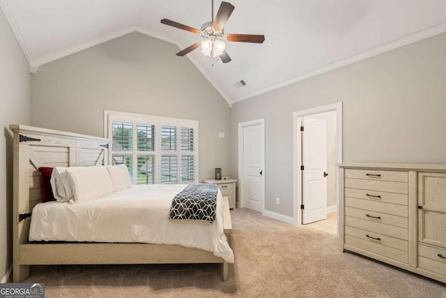 2377 Kesgrove Way, Buford, GA 30518 - bedroom featuring ornamental molding, lofted ceiling, light carpet, and ceiling fan
