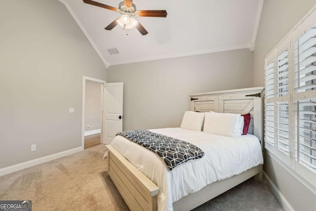2377 Kesgrove Way, Buford, GA 30518 - bedroom featuring vaulted ceiling, ornamental molding, carpet floors, multiple windows, and ceiling fan