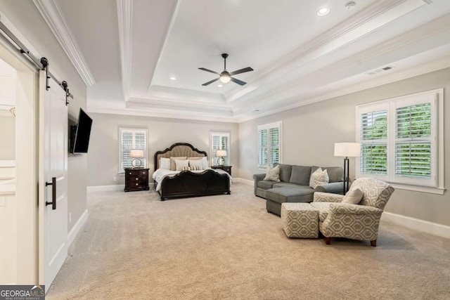 2377 Kesgrove Way, Buford, GA 30518 - bedroom featuring a barn door, carpet, crown molding, multiple windows, and recessed lighting