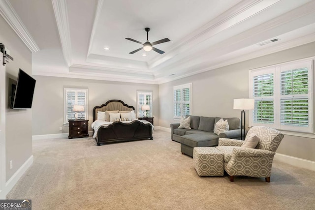2377 Kesgrove Way, Buford, GA 30518 - bedroom featuring crown molding, a barn door, carpet, a tray ceiling, and recessed lighting