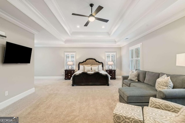 2377 Kesgrove Way, Buford, GA 30518 - bedroom featuring a raised ceiling, crown molding, carpet floors, ceiling fan, and recessed lighting