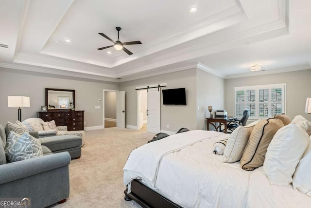 2377 Kesgrove Way, Buford, GA 30518 - bedroom with a tray ceiling, a barn door, crown molding, light colored carpet, and recessed lighting