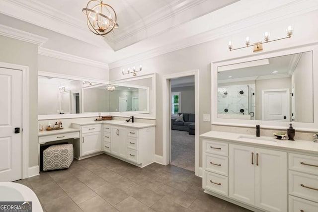 2377 Kesgrove Way, Buford, GA 30518 - ensuite bathroom with a chandelier, a shower stall, two vanities, crown molding, and tile patterned floors