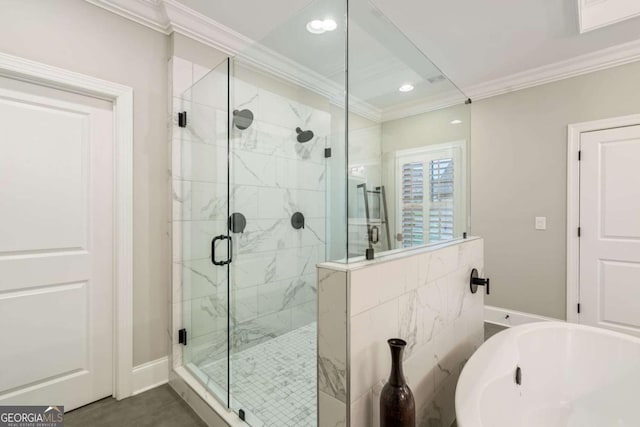 2377 Kesgrove Way, Buford, GA 30518 - bathroom with ornamental molding, a bathtub, a shower stall, and recessed lighting