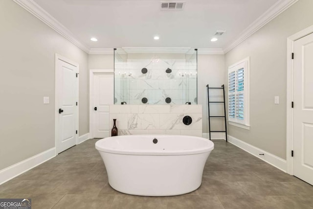 2377 Kesgrove Way, Buford, GA 30518 - bathroom with crown molding, a stall shower, a soaking tub, recessed lighting, and tile patterned floors