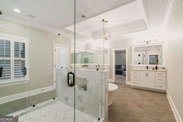 2377 Kesgrove Way, Buford, GA 30518 - bathroom with crown molding, vanity, a shower stall, tile patterned floors, and a tray ceiling