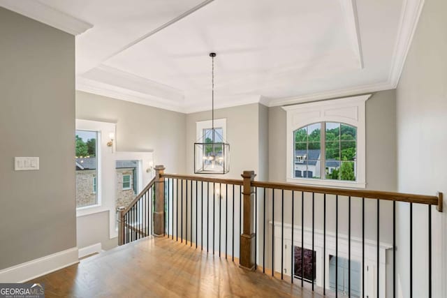 2377 Kesgrove Way, Buford, GA 30518 - corridor with ornamental molding, healthy amount of natural light, wood finished floors, an upstairs landing, and a raised ceiling
