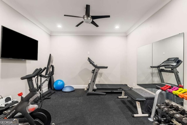 2377 Kesgrove Way, Buford, GA 30518 - workout area with a ceiling fan, recessed lighting, and crown molding