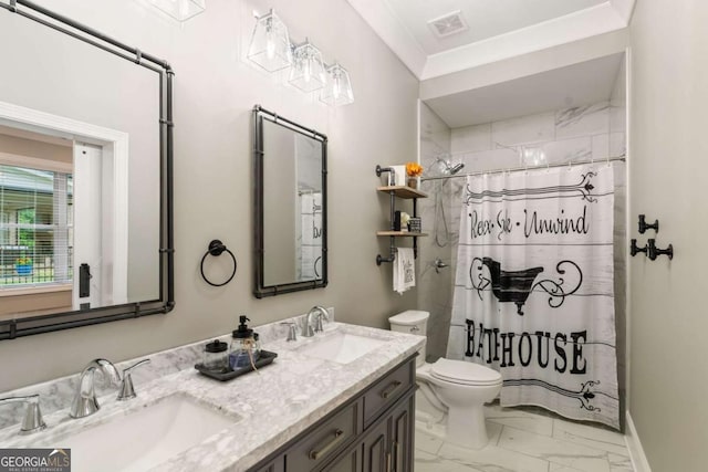 2377 Kesgrove Way, Buford, GA 30518 - full bathroom with marble look tile flooring, double vanity, curtained shower, and ornamental molding