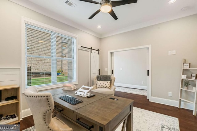 2377 Kesgrove Way, Buford, GA 30518 - office area featuring ceiling fan, dark wood-type flooring, a barn door, and recessed lighting