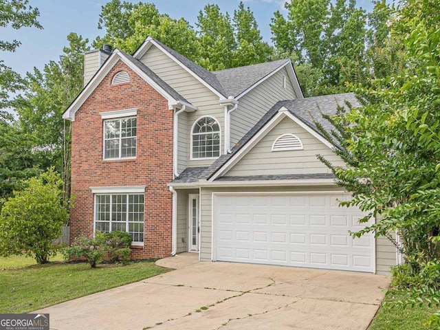 2576 Abbotts Glen Dr NW, Acworth, GA 30101 - traditional-style house featuring concrete driveway, brick siding, a chimney, and an attached garage