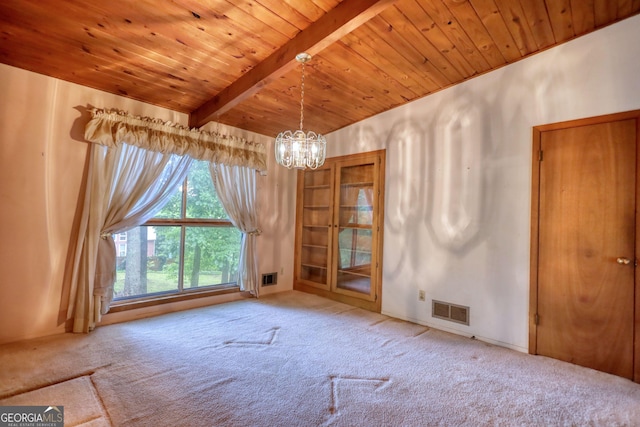 749 Dogwood Dr, Lawrenceville, GA 30046 - unfurnished room with wooden ceiling with exposed beams, carpet flooring, and a chandelier