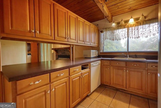 749 Dogwood Dr, Lawrenceville, GA 30046 - kitchen featuring white appliances, wooden ceiling with exposed beams, a sink, light tile patterned floors, and dark countertops