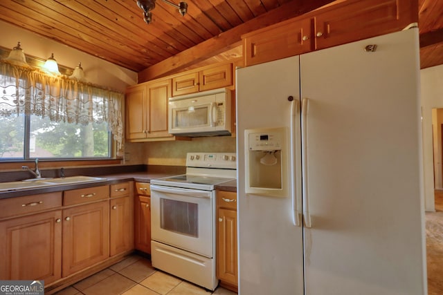 749 Dogwood Dr, Lawrenceville, GA 30046 - kitchen featuring white appliances, a sink, dark countertops, wood ceiling, and light tile patterned floors