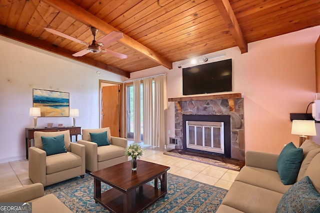 749 Dogwood Dr, Lawrenceville, GA 30046 - living room featuring wooden ceiling, tile patterned flooring, a stone fireplace, and ceiling fan