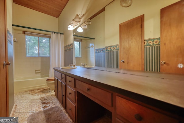 749 Dogwood Dr, Lawrenceville, GA 30046 - full bathroom featuring toilet, shower / bathtub combination with curtain, wooden ceiling, and vanity
