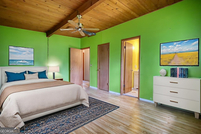 749 Dogwood Dr, Lawrenceville, GA 30046 - bedroom with light wood finished floors, wood ceiling with exposed beams, baseboards, ensuite bathroom, and a ceiling fan
