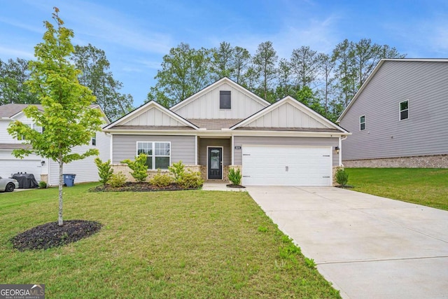 225 Limestone Cir, Conyers, GA 30013 - view of front facade with board and batten siding, concrete driveway, an attached garage, and a front yard