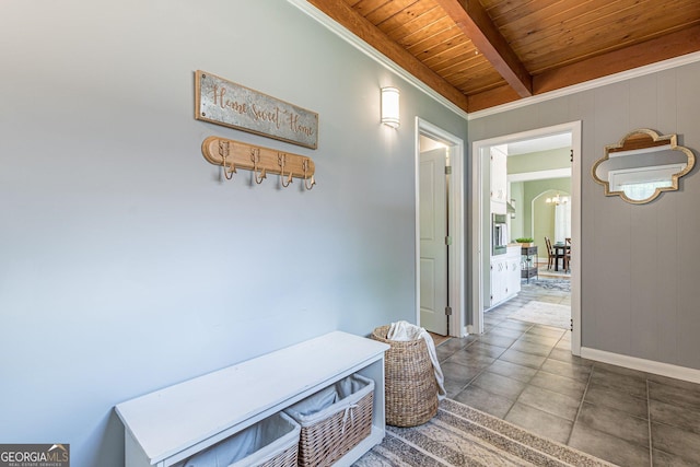 1391 Jefferson Ave, East Point, GA 30344 - hall with wooden ceiling with exposed beams, a chandelier, and baseboards