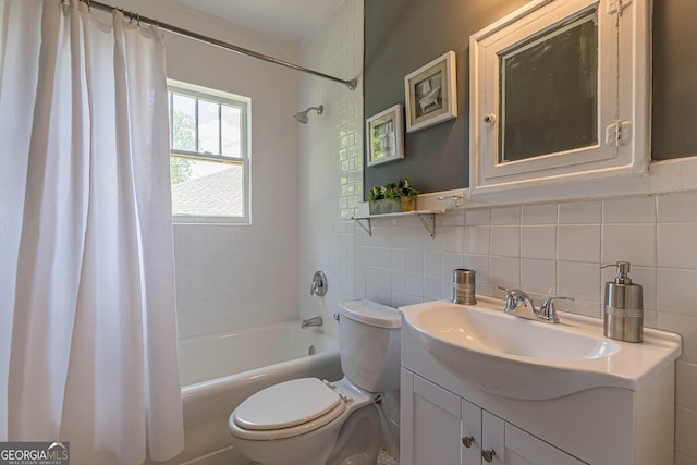 1391 Jefferson Ave, East Point, GA 30344 - full bathroom featuring toilet, tile walls, shower / bath combo, vanity, and tasteful backsplash