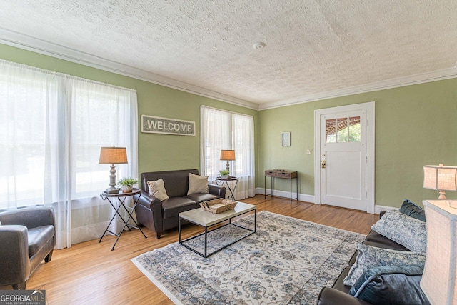 1391 Jefferson Ave, East Point, GA 30344 - living area with a textured ceiling, ornamental molding, wood finished floors, and baseboards