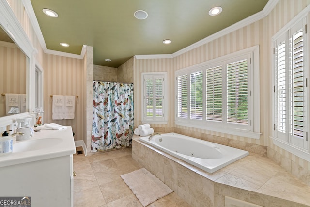 100 S Haven Ct, Macon, GA 31210 - full bath featuring crown molding, a tub with jets, wallpapered walls, recessed lighting, and a tile shower