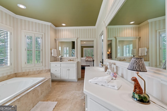 100 S Haven Ct, Macon, GA 31210 - full bath with ornamental molding, wallpapered walls, vanity, a bath, and recessed lighting
