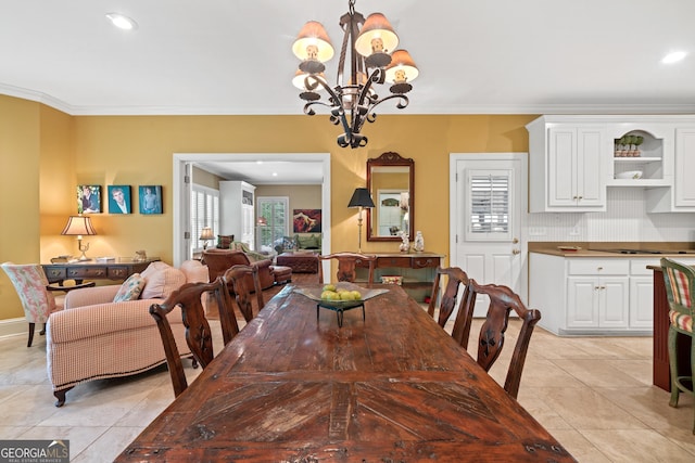100 S Haven Ct, Macon, GA 31210 - dining area featuring a chandelier, recessed lighting, crown molding, and light tile patterned floors