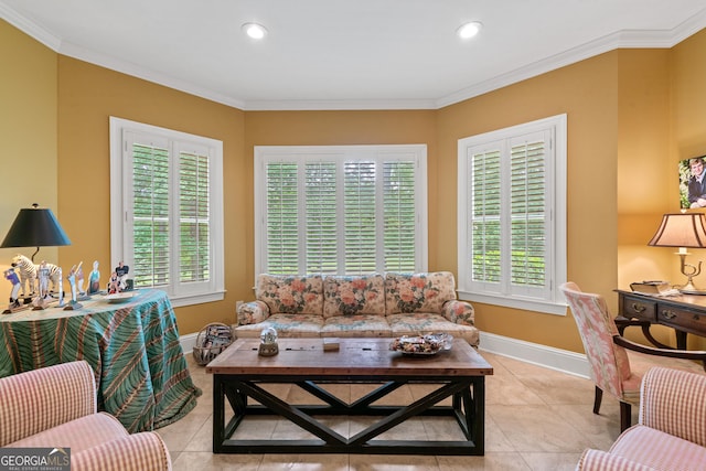 100 S Haven Ct, Macon, GA 31210 - living room featuring light tile patterned floors, plenty of natural light, baseboards, crown molding, and recessed lighting