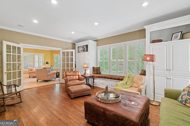100 S Haven Ct, Macon, GA 31210 - living area featuring french doors, crown molding, wood finished floors, and recessed lighting