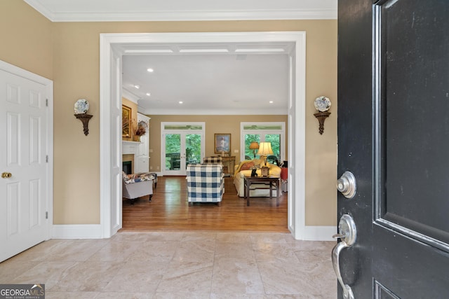 100 S Haven Ct, Macon, GA 31210 - foyer entrance featuring ornamental molding, baseboards, a fireplace, recessed lighting, and french doors