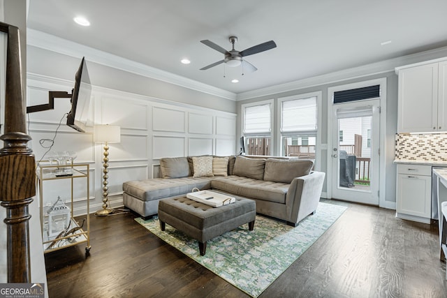 4202 Morrison Way Unit 9, Atlanta, GA 30341 - living area with a decorative wall, a ceiling fan, crown molding, wood finished floors, and recessed lighting