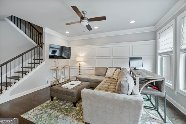 4202 Morrison Way Unit 9, Atlanta, GA 30341 - living area featuring dark wood-style flooring, stairs, ornamental molding, ceiling fan, and baseboards