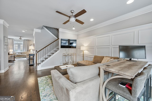 4202 Morrison Way Unit 9, Atlanta, GA 30341 - living room featuring ceiling fan, stairs, ornamental molding, dark wood-type flooring, and a decorative wall