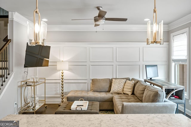 4202 Morrison Way Unit 9, Atlanta, GA 30341 - living area with a decorative wall, ornamental molding, a ceiling fan, wood finished floors, and stairway