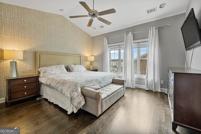 4202 Morrison Way Unit 9, Atlanta, GA 30341 - bedroom with an accent wall, lofted ceiling, dark wood-style floors, and baseboards