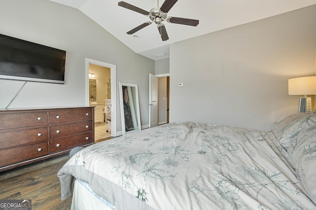 4202 Morrison Way Unit 9, Atlanta, GA 30341 - bedroom featuring dark wood-style floors, vaulted ceiling, a ceiling fan, and ensuite bathroom
