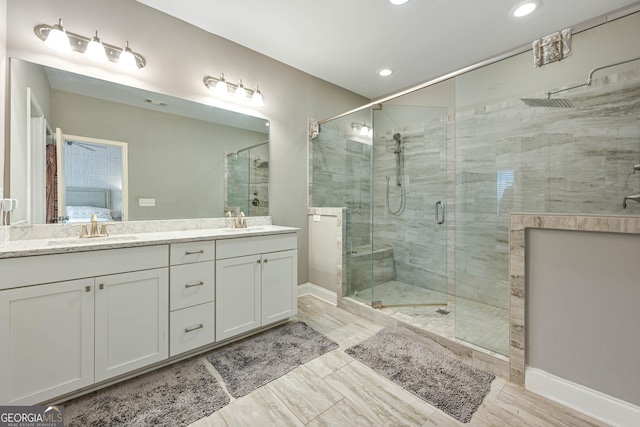 4202 Morrison Way Unit 9, Atlanta, GA 30341 - full bathroom with a stall shower, double vanity, recessed lighting, and baseboards