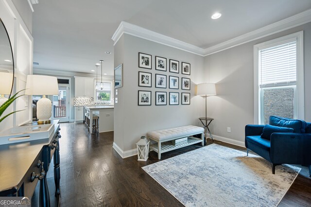 4202 Morrison Way Unit 9, Atlanta, GA 30341 - living area with ornamental molding, dark wood finished floors, baseboards, and recessed lighting